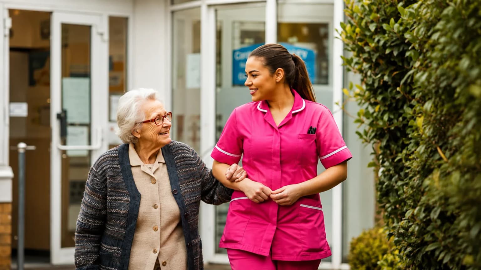 A caregiver and an elderly client walk arm in arm along the path outside a clinic.