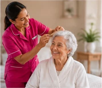 A Clair's caregiver brushing an elderly woman's hair at home
