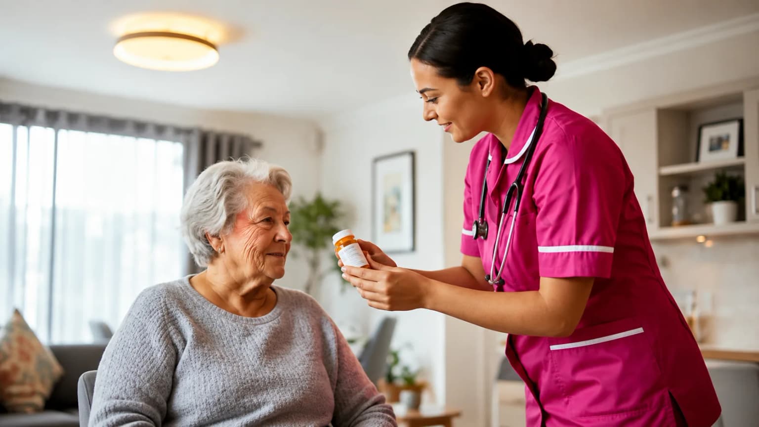 A nurse wearing a stethoscope sits with a seated client at home, showing them a medication bottle.