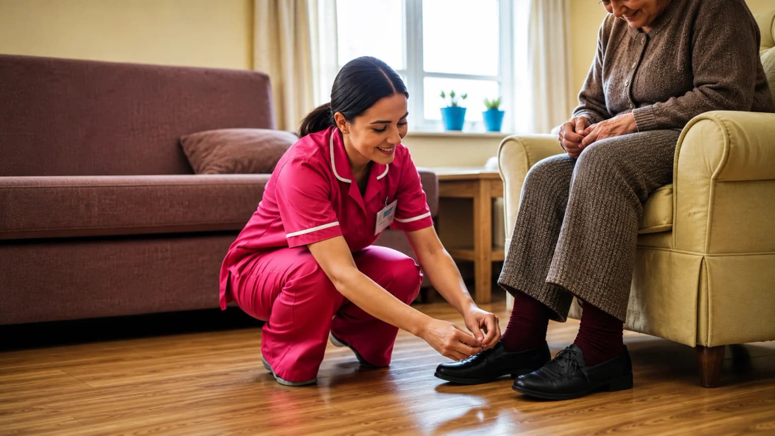 A Clair's caregiver helping an elderly client with her shoes at home