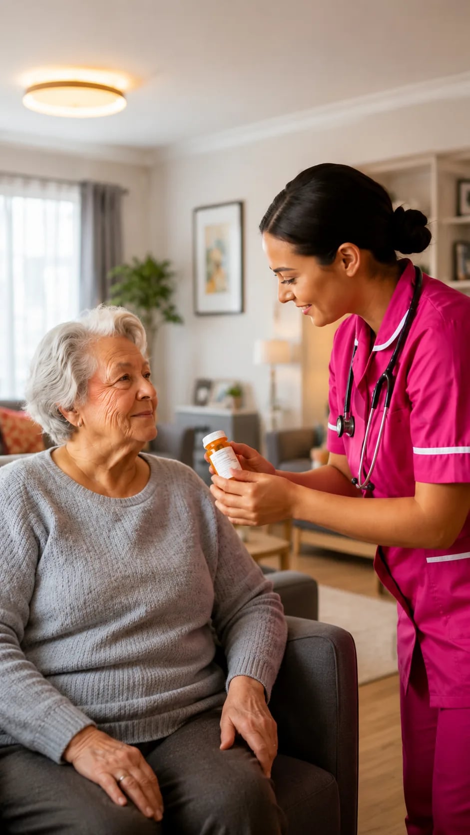 A Clair's nurse with a stethoscope explaining a medication bottle to a seated elderly client at home