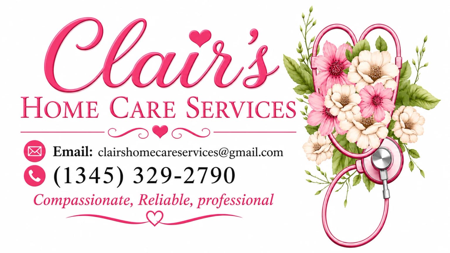 Clair's Home Care Services contact card. Email clairshomecareservices@gmail.com, phone (1345) 329-2790.