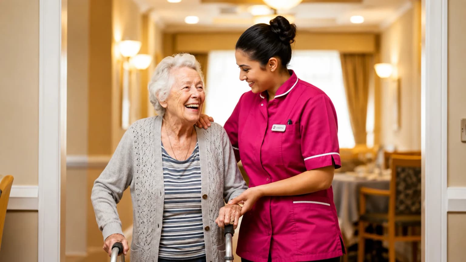 A caregiver laughs with an elderly woman who is standing with a wheeled walking frame.