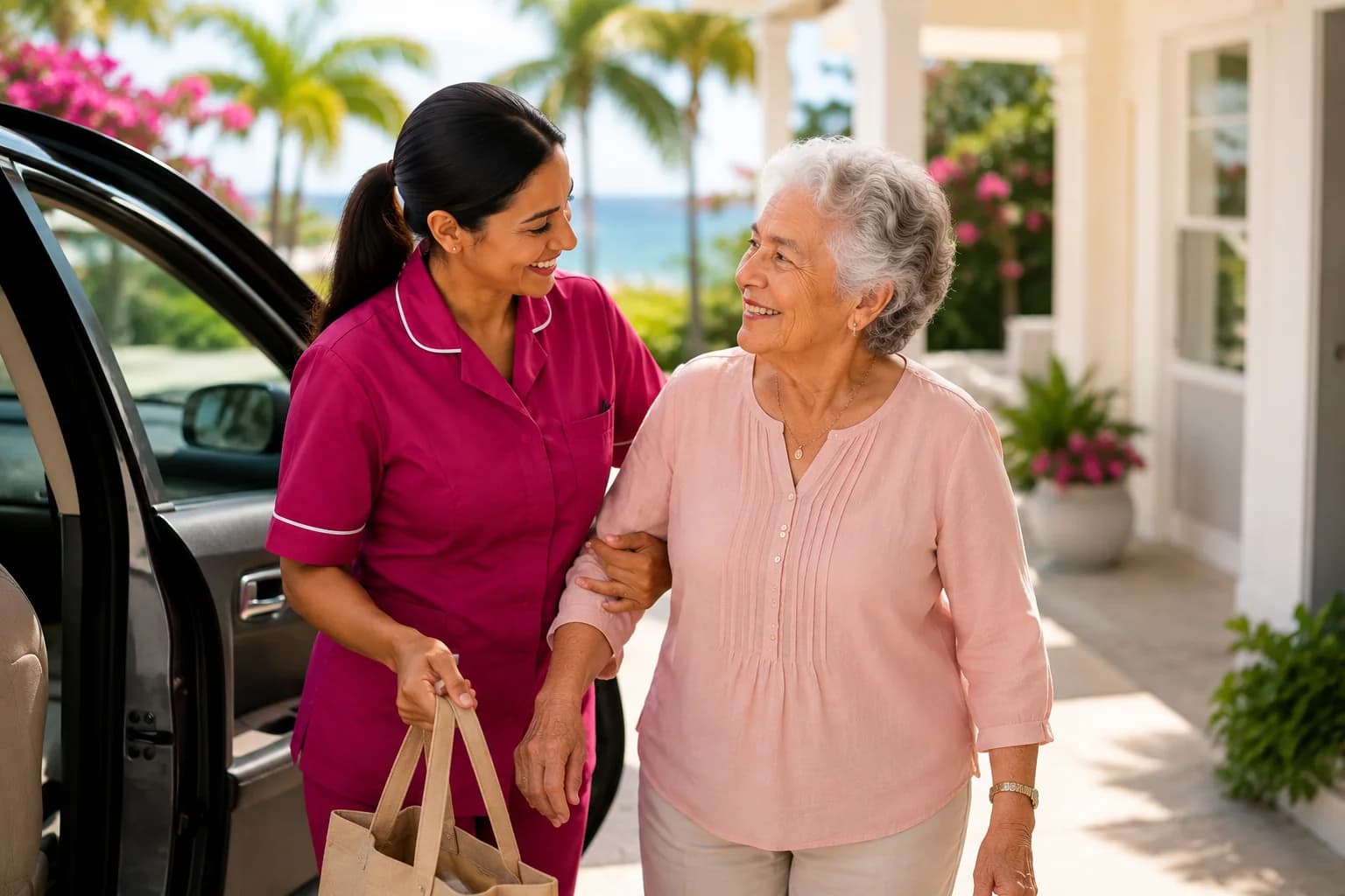 A caregiver holding a shopping bag helps a woman step out of a car.