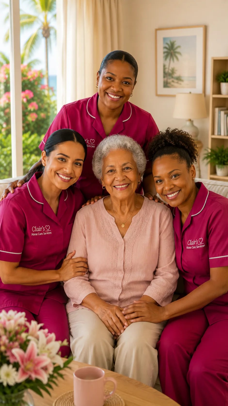 Clair's Home Care caregivers in pink uniforms smiling either side of an elderly woman at her home in the Cayman Islands