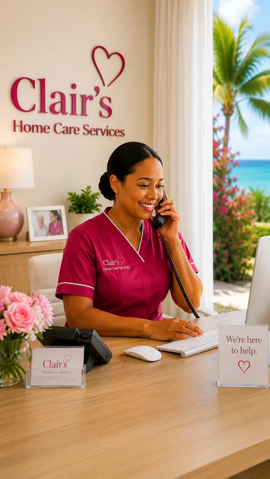 A Clair's Home Care coordinator smiling as she takes a call at the reception desk, beside a card that reads We are here to help