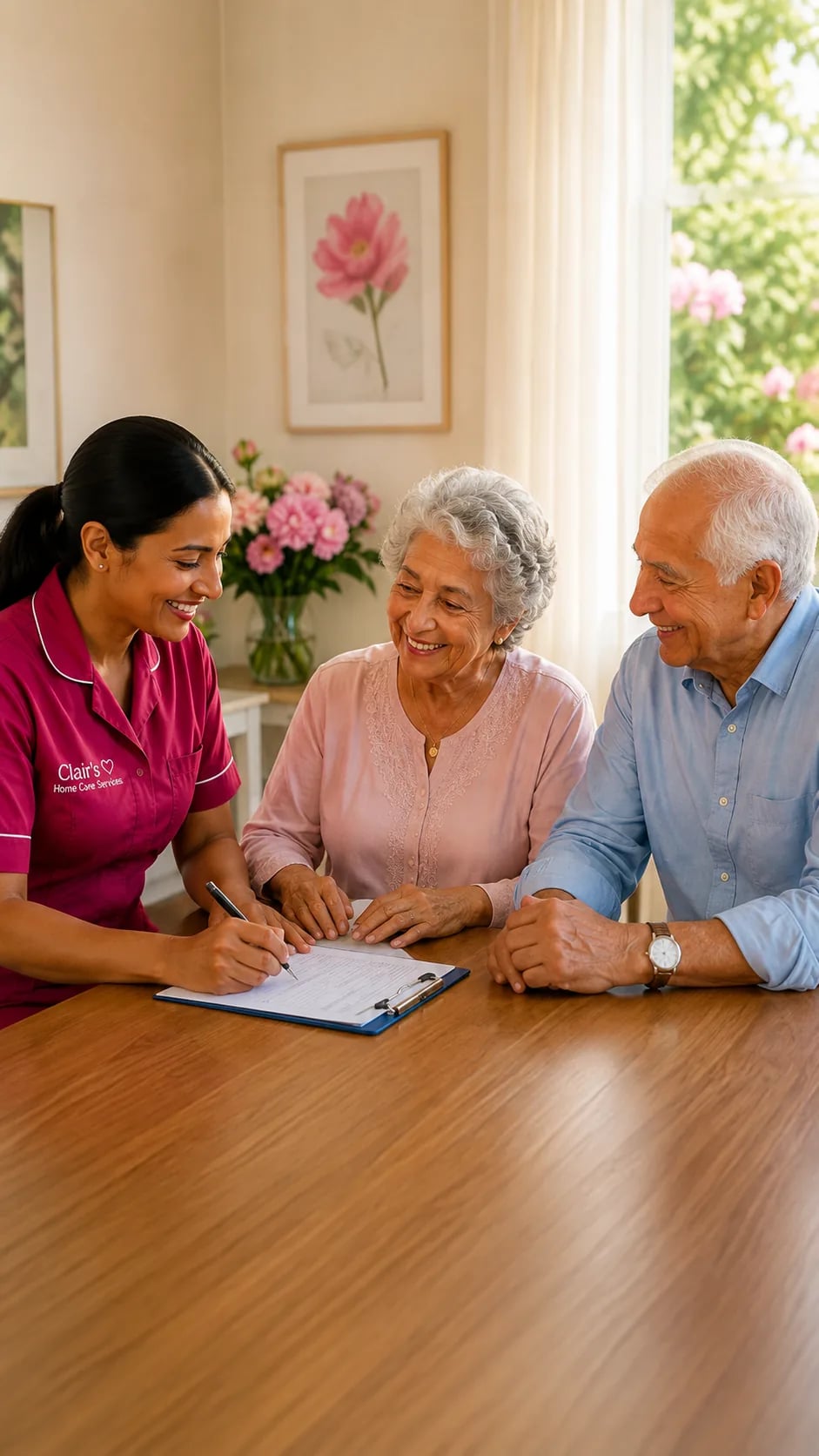 A Clair's Home Care caregiver writing a care plan at a table with a smiling elderly couple